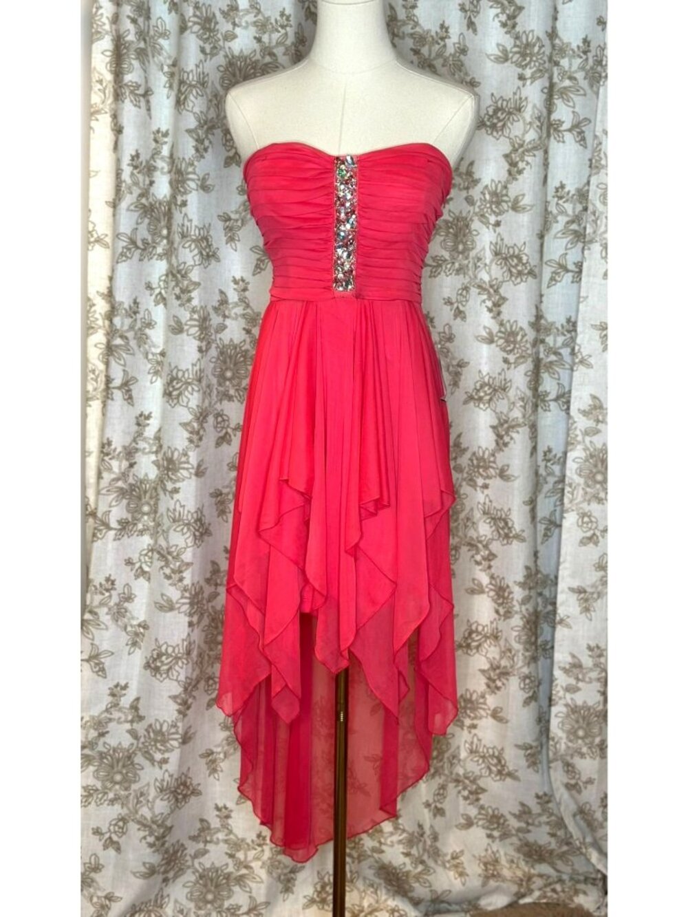 NWT Strapless Pink Ruffle High-Low Dress Size 5 Rhinestone Formal Homecoming